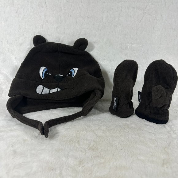 Wonderkids Other - Wonderkids Fleece hat and mittens set Angry Beaver embroidery face OSFM brown